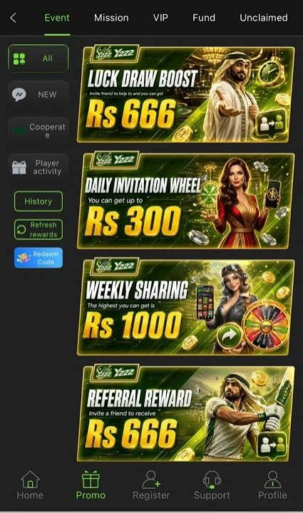 Y222 Game promotion banner showing welcome bonus and daily cashback offer for new players.