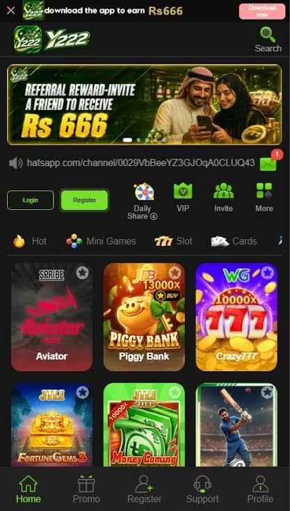 Overview of Y222 Game platform interface on an Android phone displaying game categories and promotions.