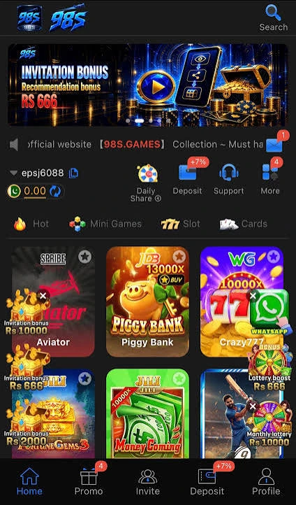 S98 Game user interface showing slot and card games