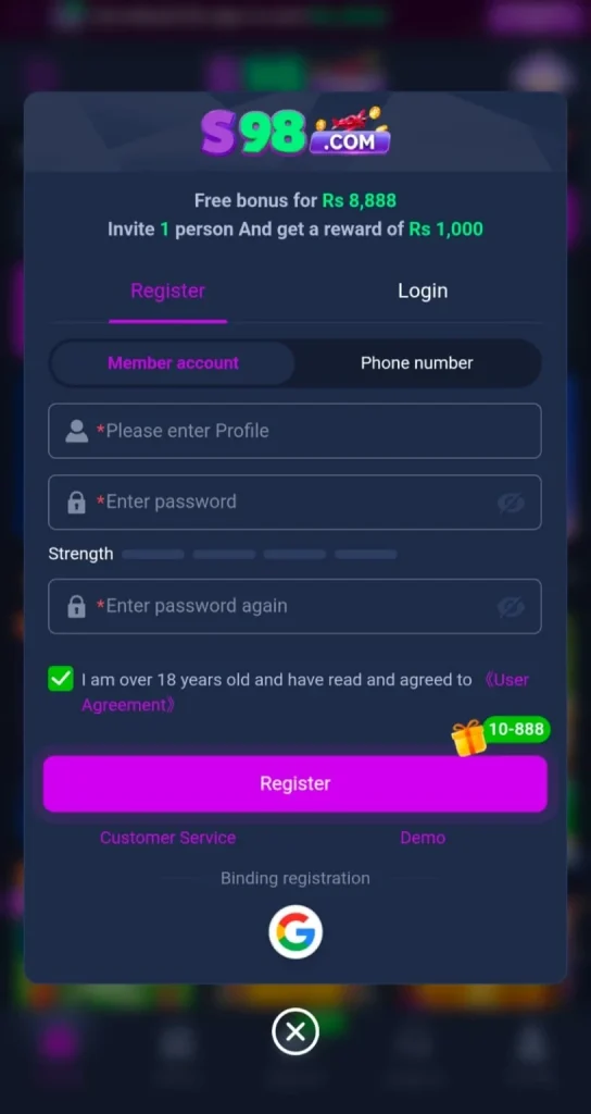 S98 Game registration form with OTP verification