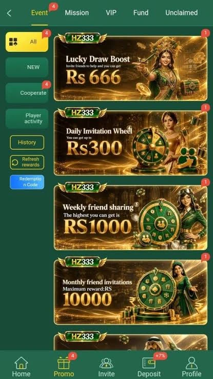 Promotional banner for HZ333 Game welcome bonus showing 100% match on first deposit.