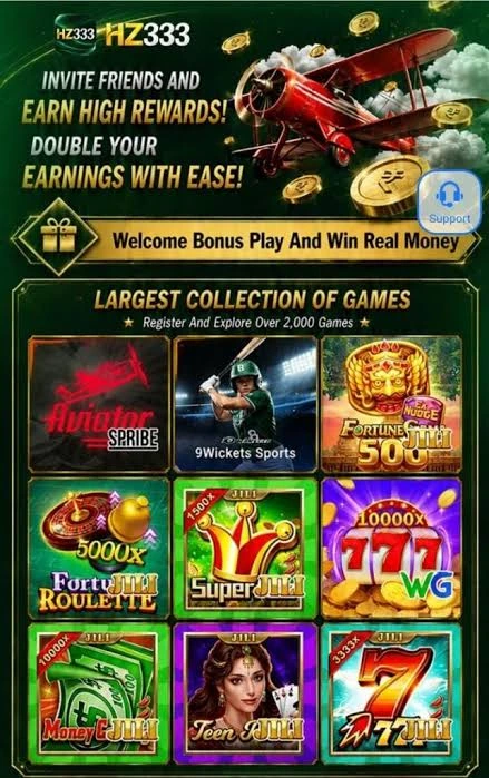  Grid of HZ333 Game options: slot machine, live baccarat table, and fishing arcade game.