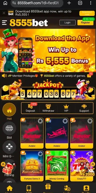 8555bet Game home screen showing slots, cards, and live games